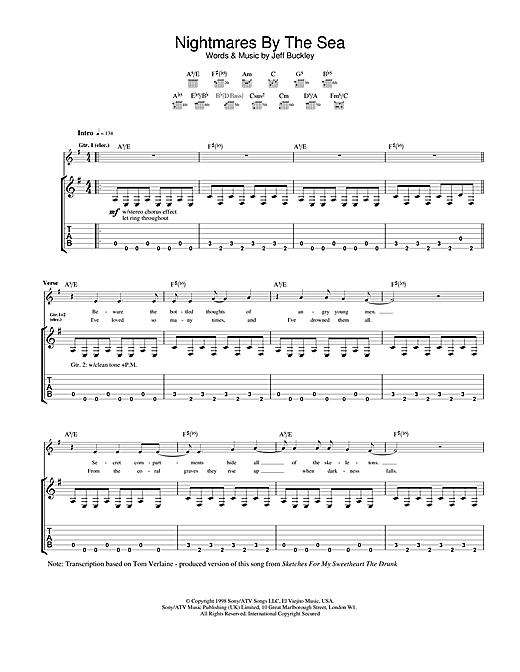 Preview Jeff Buckley Nightmares By The Sea Pop sheet music, notes and chords for Guitar Tab, SKU: 22981 sheet music, piano notes, chords, guitar tabs, score, transpose, transcribe, how to play, guide, download, learn, tutorial, progression, song, artist, awards, billboard, mtv, vh1, tour, single, album, release