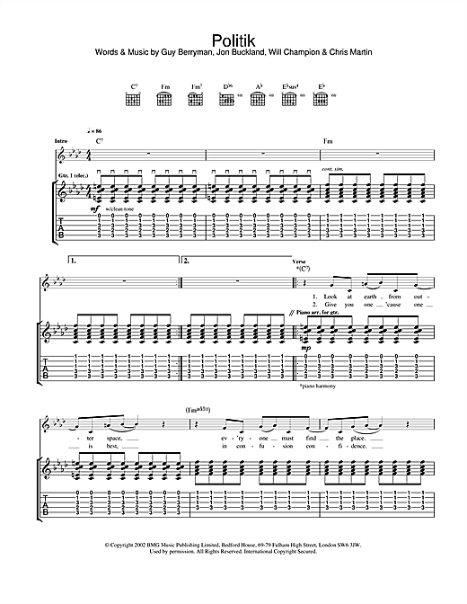 Preview Coldplay Politik Pop sheet music, notes and chords for Guitar Tab, SKU: 22993 sheet music, piano notes, chords, guitar tabs, score, transpose, transcribe, how to play, guide, download, learn, tutorial, progression, song, artist, awards, billboard, mtv, vh1, tour, single, album, release