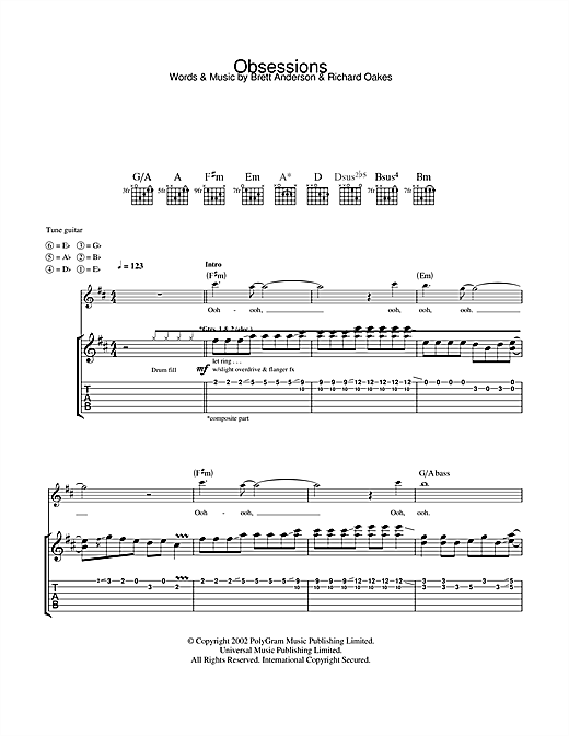 Preview Suede Obsessions Rock sheet music, notes and chords for Guitar Tab, SKU: 23022 sheet music, piano notes, chords, guitar tabs, score, transpose, transcribe, how to play, guide, download, learn, tutorial, progression, song, artist, awards, billboard, mtv, vh1, tour, single, album, release