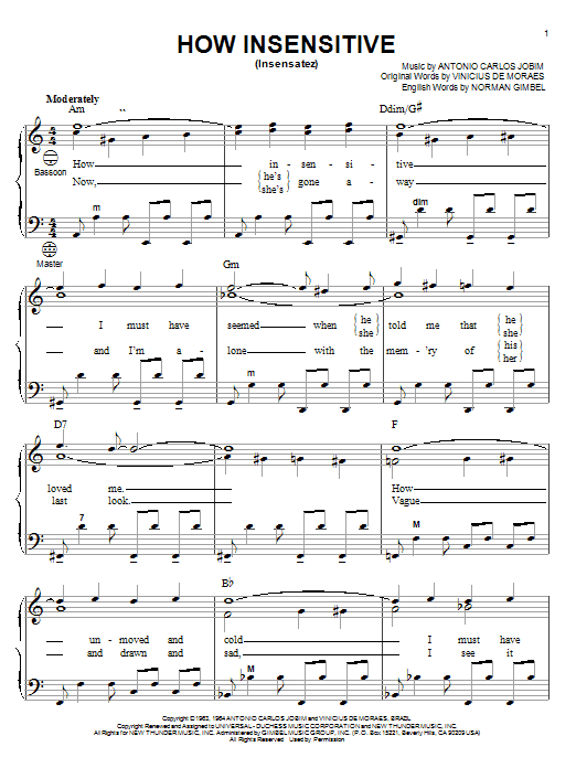 Preview Antonio Carlos Jobim How Insensitive (Insensatez) Jazz sheet music, notes and chords for Accordion, SKU: 23038 sheet music, piano notes, chords, guitar tabs, score, transpose, transcribe, how to play, guide, download, learn, tutorial, progression, song, artist, awards, billboard, mtv, vh1, tour, single, album, release