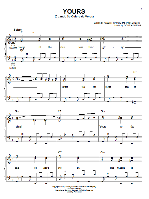 Preview Gonzalo Roig Yours (Cuando Se Quiere De Veras) Jazz sheet music, notes and chords for Accordion, SKU: 23046 sheet music, piano notes, chords, guitar tabs, score, transpose, transcribe, how to play, guide, download, learn, tutorial, progression, song, artist, awards, billboard, mtv, vh1, tour, single, album, release