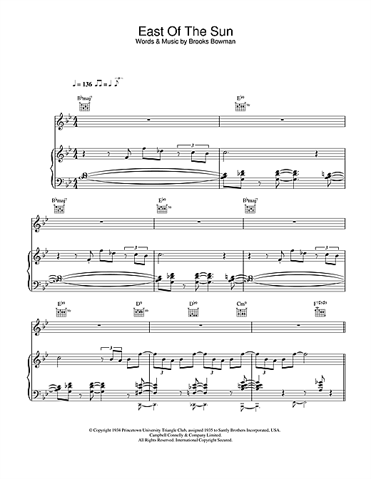 Preview Diana Krall East Of The Sun Jazz sheet music, notes and chords for Piano, Vocal & Guitar, SKU: 23060 sheet music, piano notes, chords, guitar tabs, score, transpose, transcribe, how to play, guide, download, learn, tutorial, progression, song, artist, awards, billboard, mtv, vh1, tour, single, album, release