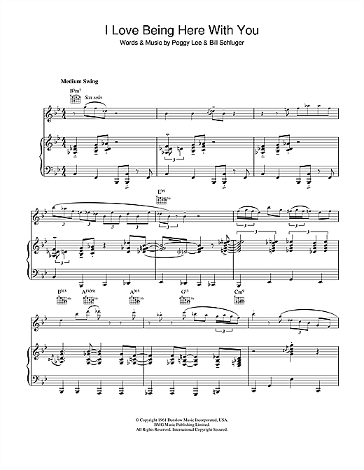 Preview Diana Krall I Love Being Here With You Jazz sheet music, notes and chords for Piano, Vocal & Guitar, SKU: 23062 sheet music, piano notes, chords, guitar tabs, score, transpose, transcribe, how to play, guide, download, learn, tutorial, progression, song, artist, awards, billboard, mtv, vh1, tour, single, album, release