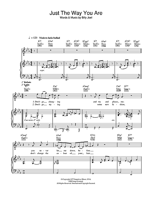 Preview Diana Krall Just The Way You Are Jazz sheet music, notes and chords for Piano, Vocal & Guitar, SKU: 23064 sheet music, piano notes, chords, guitar tabs, score, transpose, transcribe, how to play, guide, download, learn, tutorial, progression, song, artist, awards, billboard, mtv, vh1, tour, single, album, release
