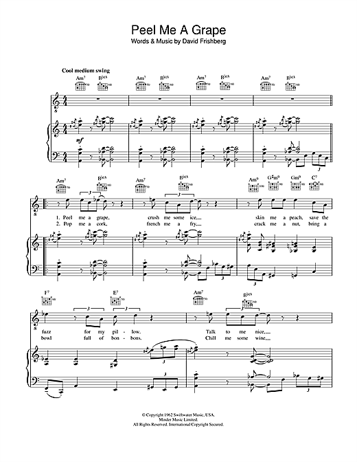 Preview Diana Krall Peel Me A Grape Jazz sheet music, notes and chords for Piano, Vocal & Guitar, SKU: 23066 sheet music, piano notes, chords, guitar tabs, score, transpose, transcribe, how to play, guide, download, learn, tutorial, progression, song, artist, awards, billboard, mtv, vh1, tour, single, album, release