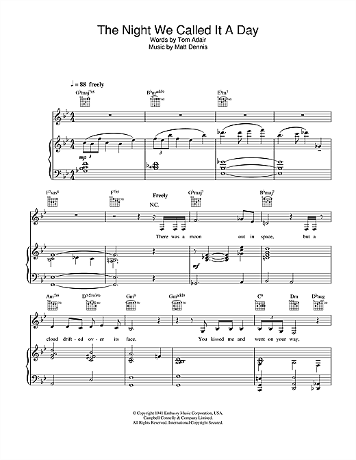 Preview Diana Krall The Night We Called It A Day Jazz sheet music, notes and chords for Piano, Vocal & Guitar, SKU: 23069 sheet music, piano notes, chords, guitar tabs, score, transpose, transcribe, how to play, guide, download, learn, tutorial, progression, song, artist, awards, billboard, mtv, vh1, tour, single, album, release