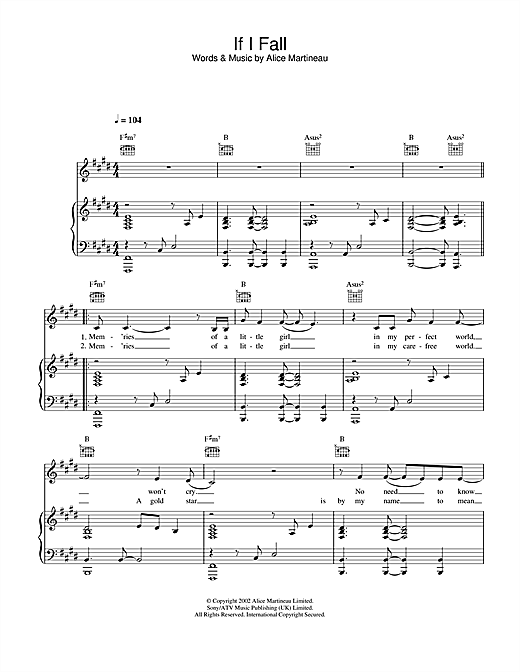 Preview Alice Martineau If I Fall Pop sheet music, notes and chords for Piano, Vocal & Guitar, SKU: 23077 sheet music, piano notes, chords, guitar tabs, score, transpose, transcribe, how to play, guide, download, learn, tutorial, progression, song, artist, awards, billboard, mtv, vh1, tour, single, album, release