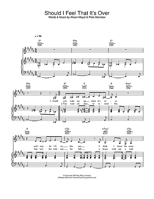 Preview Alison Moyet Should I Feel That It's Over Pop sheet music, notes and chords for Piano, Vocal & Guitar, SKU: 23078 sheet music, piano notes, chords, guitar tabs, score, transpose, transcribe, how to play, guide, download, learn, tutorial, progression, song, artist, awards, billboard, mtv, vh1, tour, single, album, release