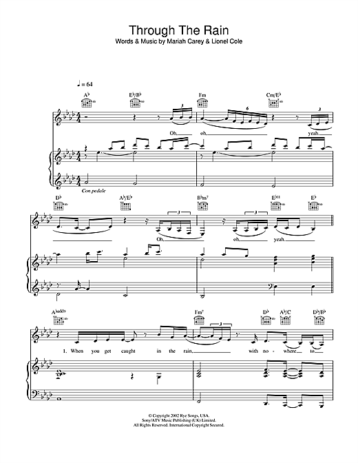Preview Mariah Carey Through The Rain R & B sheet music, notes and chords for Piano, Vocal & Guitar, SKU: 23081 sheet music, piano notes, chords, guitar tabs, score, transpose, transcribe, how to play, guide, download, learn, tutorial, progression, song, artist, awards, billboard, mtv, vh1, tour, single, album, release