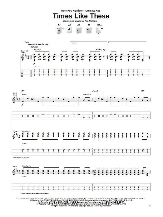 Preview Foo Fighters Times Like These Rock sheet music, notes and chords for Guitar Tab, SKU: 23088 sheet music, piano notes, chords, guitar tabs, score, transpose, transcribe, how to play, guide, download, learn, tutorial, progression, song, artist, awards, billboard, mtv, vh1, tour, single, album, release