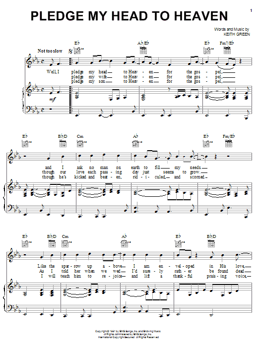 Preview Keith Green Pledge My Head To Heaven Religious sheet music, notes and chords for Piano, Vocal & Guitar (Right-Hand Melody), SKU: 23092 sheet music, piano notes, chords, guitar tabs, score, transpose, transcribe, how to play, guide, download, learn, tutorial, progression, song, artist, awards, billboard, mtv, vh1, tour, single, album, release