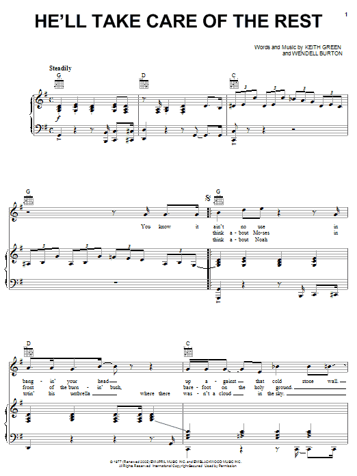 Preview Keith Green He'll Take Care Of The Rest Religious sheet music, notes and chords for Piano, Vocal & Guitar (Right-Hand Melody), SKU: 23104 sheet music, piano notes, chords, guitar tabs, score, transpose, transcribe, how to play, guide, download, learn, tutorial, progression, song, artist, awards, billboard, mtv, vh1, tour, single, album, release