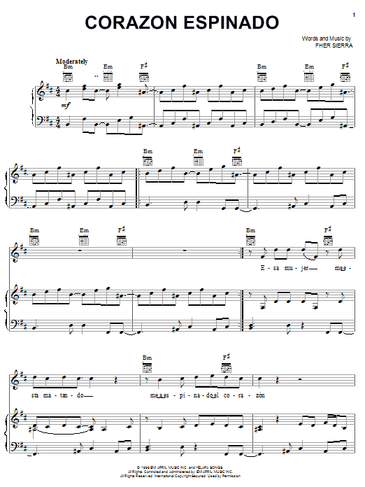 Preview Santana Corazon Espinado Pop sheet music, notes and chords for Piano, Vocal & Guitar (Right-Hand Melody), SKU: 23109 sheet music, piano notes, chords, guitar tabs, score, transpose, transcribe, how to play, guide, download, learn, tutorial, progression, song, artist, awards, billboard, mtv, vh1, tour, single, album, release