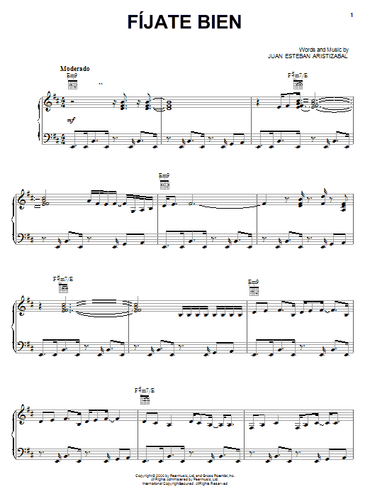 Preview Juanes Fijate Bien Pop sheet music, notes and chords for Piano, Vocal & Guitar (Right-Hand Melody), SKU: 23111 sheet music, piano notes, chords, guitar tabs, score, transpose, transcribe, how to play, guide, download, learn, tutorial, progression, song, artist, awards, billboard, mtv, vh1, tour, single, album, release