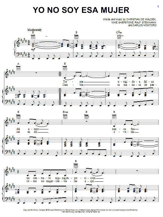 Preview Paulina Rubio Yo No Soy Esa Mujer World sheet music, notes and chords for Piano, Vocal & Guitar (Right-Hand Melody), SKU: 23117 sheet music, piano notes, chords, guitar tabs, score, transpose, transcribe, how to play, guide, download, learn, tutorial, progression, song, artist, awards, billboard, mtv, vh1, tour, single, album, release