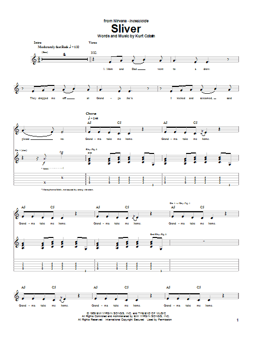 Preview Nirvana Sliver Pop sheet music, notes and chords for Guitar Tab, SKU: 23132 sheet music, piano notes, chords, guitar tabs, score, transpose, transcribe, how to play, guide, download, learn, tutorial, progression, song, artist, awards, billboard, mtv, vh1, tour, single, album, release