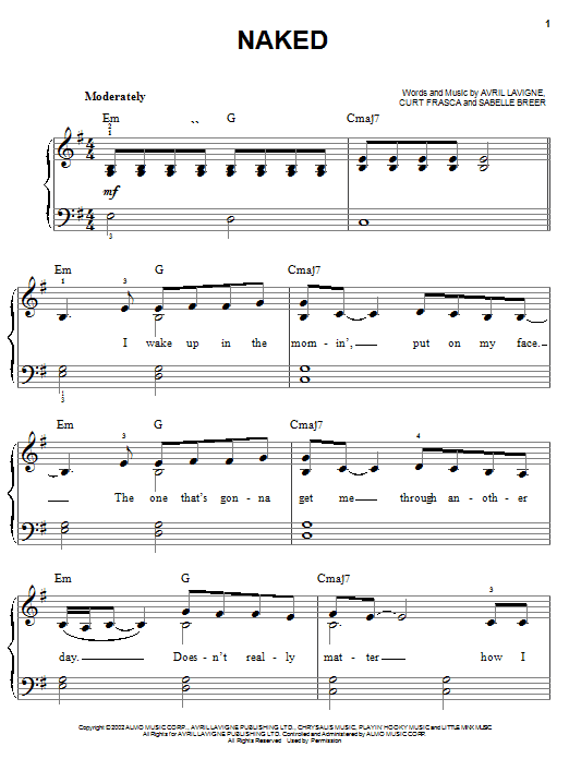 Preview Avril Lavigne Naked Pop sheet music, notes and chords for Easy Piano, SKU: 23144 sheet music, piano notes, chords, guitar tabs, score, transpose, transcribe, how to play, guide, download, learn, tutorial, progression, song, artist, awards, billboard, mtv, vh1, tour, single, album, release