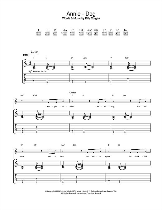 Preview The Smashing Pumpkins Annie-Dog Rock sheet music, notes and chords for Guitar Tab, SKU: 23147 sheet music, piano notes, chords, guitar tabs, score, transpose, transcribe, how to play, guide, download, learn, tutorial, progression, song, artist, awards, billboard, mtv, vh1, tour, single, album, release