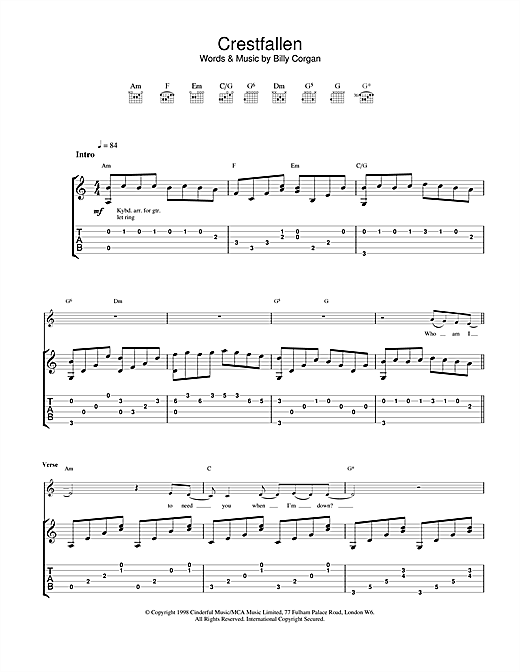 Preview The Smashing Pumpkins Crestfallen Rock sheet music, notes and chords for Guitar Tab, SKU: 23152 sheet music, piano notes, chords, guitar tabs, score, transpose, transcribe, how to play, guide, download, learn, tutorial, progression, song, artist, awards, billboard, mtv, vh1, tour, single, album, release