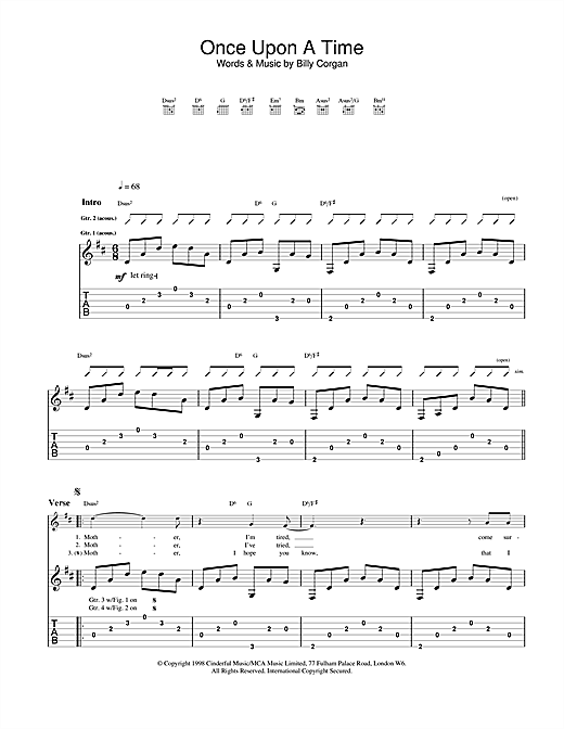 Preview The Smashing Pumpkins Once Upon A Time Rock sheet music, notes and chords for Guitar Tab, SKU: 23155 sheet music, piano notes, chords, guitar tabs, score, transpose, transcribe, how to play, guide, download, learn, tutorial, progression, song, artist, awards, billboard, mtv, vh1, tour, single, album, release
