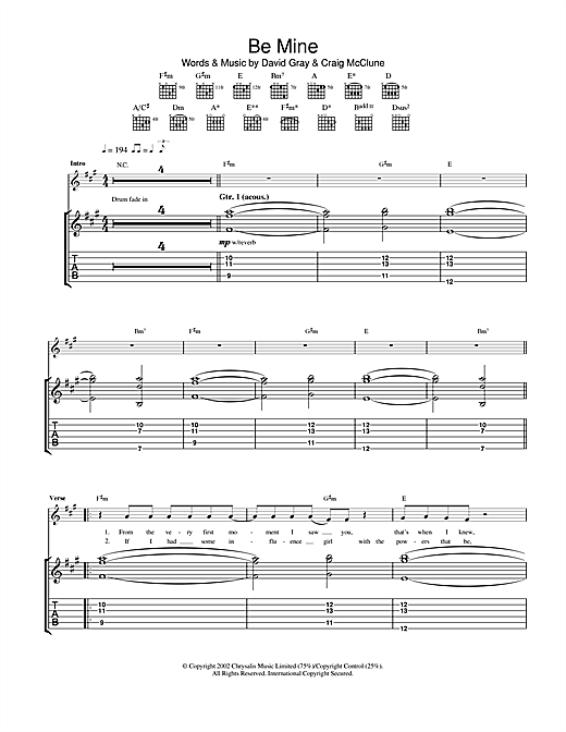 Preview David Gray Be Mine Pop sheet music, notes and chords for Guitar Tab, SKU: 23162 sheet music, piano notes, chords, guitar tabs, score, transpose, transcribe, how to play, guide, download, learn, tutorial, progression, song, artist, awards, billboard, mtv, vh1, tour, single, album, release