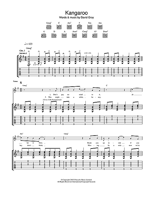 Preview David Gray Kangaroo Pop sheet music, notes and chords for Guitar Tab, SKU: 23167 sheet music, piano notes, chords, guitar tabs, score, transpose, transcribe, how to play, guide, download, learn, tutorial, progression, song, artist, awards, billboard, mtv, vh1, tour, single, album, release