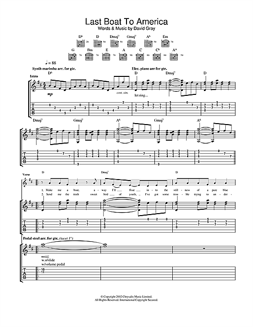 Preview David Gray Last Boat To America Pop sheet music, notes and chords for Guitar Tab, SKU: 23169 sheet music, piano notes, chords, guitar tabs, score, transpose, transcribe, how to play, guide, download, learn, tutorial, progression, song, artist, awards, billboard, mtv, vh1, tour, single, album, release