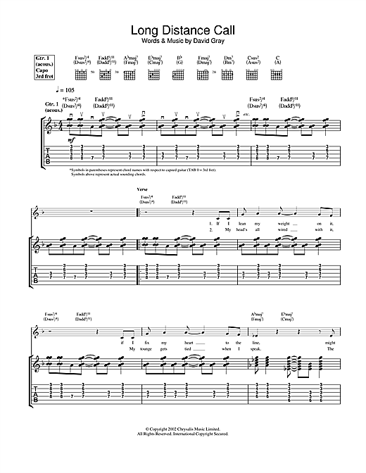 Preview David Gray Long Distance Call Pop sheet music, notes and chords for Guitar Tab, SKU: 23170 sheet music, piano notes, chords, guitar tabs, score, transpose, transcribe, how to play, guide, download, learn, tutorial, progression, song, artist, awards, billboard, mtv, vh1, tour, single, album, release