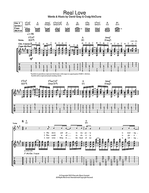Preview David Gray Real Love Pop sheet music, notes and chords for Guitar Tab, SKU: 23171 sheet music, piano notes, chords, guitar tabs, score, transpose, transcribe, how to play, guide, download, learn, tutorial, progression, song, artist, awards, billboard, mtv, vh1, tour, single, album, release