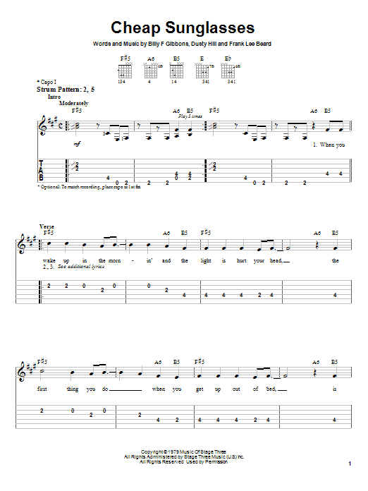 Preview ZZ Top Cheap Sunglasses Rock sheet music, notes and chords for Easy Guitar Tab, SKU: 23177 sheet music, piano notes, chords, guitar tabs, score, transpose, transcribe, how to play, guide, download, learn, tutorial, progression, song, artist, awards, billboard, mtv, vh1, tour, single, album, release