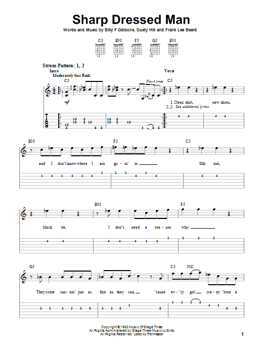 Preview ZZ Top Sharp Dressed Man Rock sheet music, notes and chords for Easy Guitar Tab, SKU: 23181 sheet music, piano notes, chords, guitar tabs, score, transpose, transcribe, how to play, guide, download, learn, tutorial, progression, song, artist, awards, billboard, mtv, vh1, tour, single, album, release