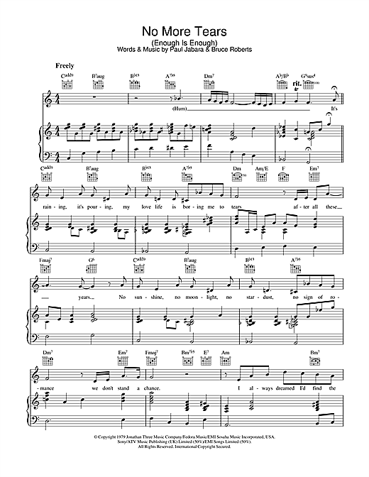 Preview Donna Summer No More Tears (Enough Is Enough) Pop sheet music, notes and chords for Piano, Vocal & Guitar, SKU: 23201 sheet music, piano notes, chords, guitar tabs, score, transpose, transcribe, how to play, guide, download, learn, tutorial, progression, song, artist, awards, billboard, mtv, vh1, tour, single, album, release