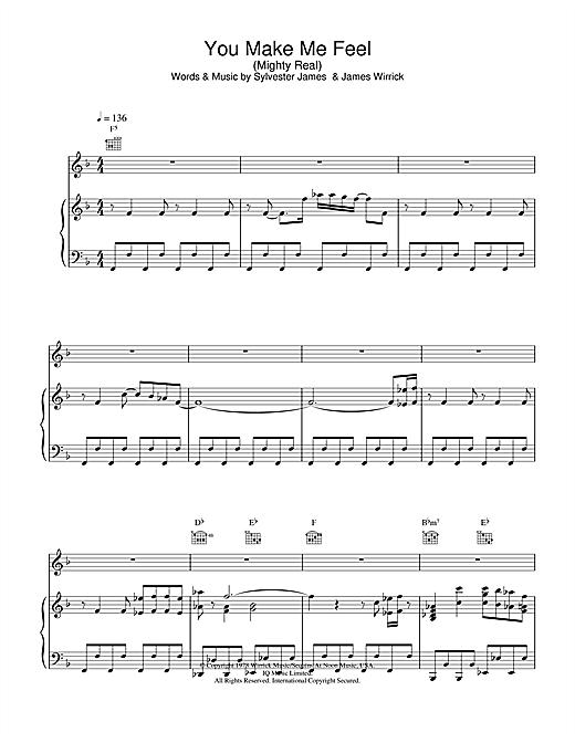 Preview Sylvester You Make Me Feel (Mighty Real) Pop sheet music, notes and chords for Piano, Vocal & Guitar, SKU: 23203 sheet music, piano notes, chords, guitar tabs, score, transpose, transcribe, how to play, guide, download, learn, tutorial, progression, song, artist, awards, billboard, mtv, vh1, tour, single, album, release