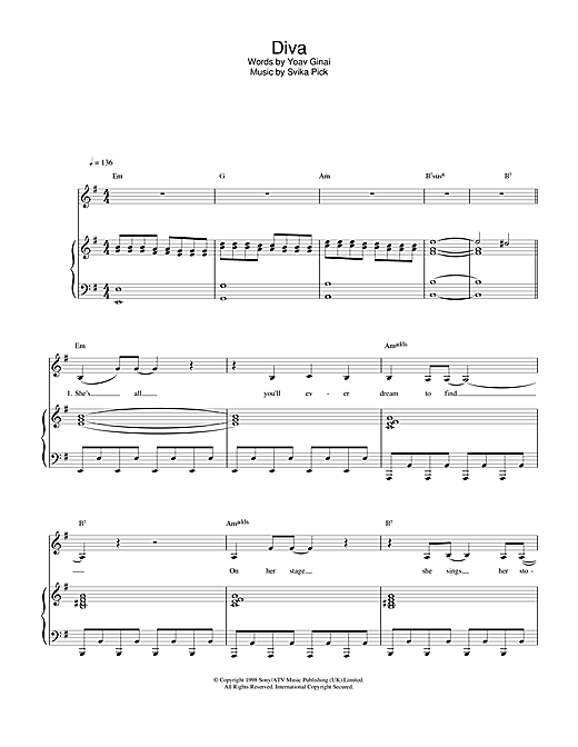 Preview Dana International Diva Pop sheet music, notes and chords for Piano, Vocal & Guitar, SKU: 23204 sheet music, piano notes, chords, guitar tabs, score, transpose, transcribe, how to play, guide, download, learn, tutorial, progression, song, artist, awards, billboard, mtv, vh1, tour, single, album, release