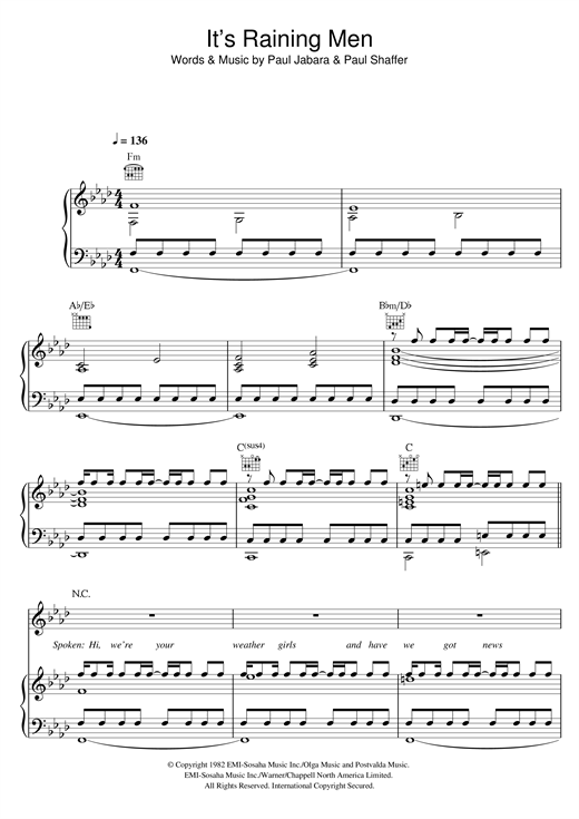 Preview Geri Halliwell It's Raining Men Pop sheet music, notes and chords for Piano, Vocal & Guitar, SKU: 23205 sheet music, piano notes, chords, guitar tabs, score, transpose, transcribe, how to play, guide, download, learn, tutorial, progression, song, artist, awards, billboard, mtv, vh1, tour, single, album, release