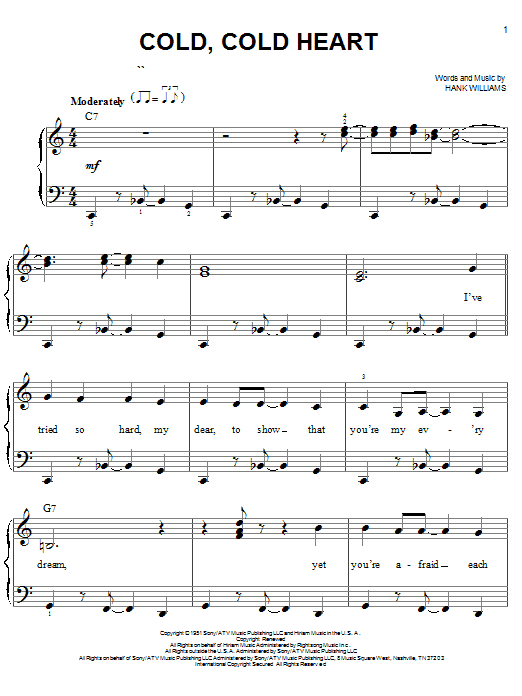 Preview Hank Williams Cold, Cold Heart Pop sheet music, notes and chords for Easy Piano, SKU: 23217 sheet music, piano notes, chords, guitar tabs, score, transpose, transcribe, how to play, guide, download, learn, tutorial, progression, song, artist, awards, billboard, mtv, vh1, tour, single, album, release