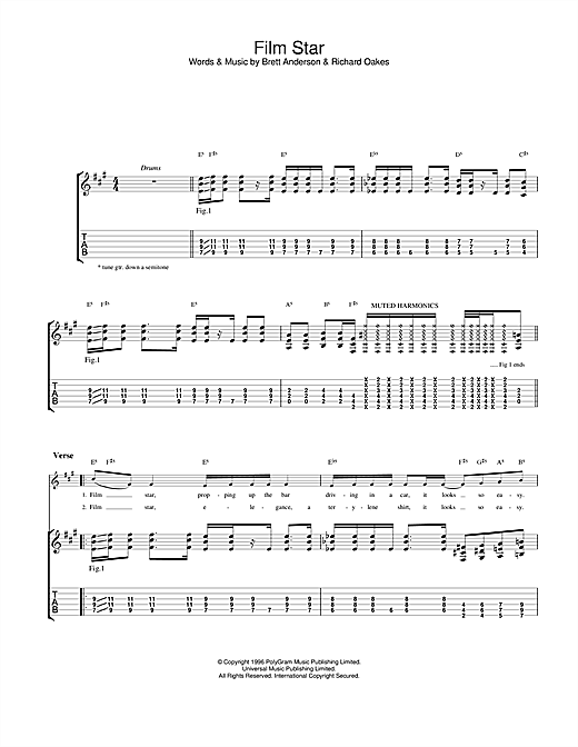 Preview Suede Film Star Rock sheet music, notes and chords for Guitar Tab, SKU: 23221 sheet music, piano notes, chords, guitar tabs, score, transpose, transcribe, how to play, guide, download, learn, tutorial, progression, song, artist, awards, billboard, mtv, vh1, tour, single, album, release