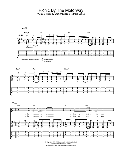 Preview Suede Picnic By The Motorway Rock sheet music, notes and chords for Guitar Tab, SKU: 23223 sheet music, piano notes, chords, guitar tabs, score, transpose, transcribe, how to play, guide, download, learn, tutorial, progression, song, artist, awards, billboard, mtv, vh1, tour, single, album, release
