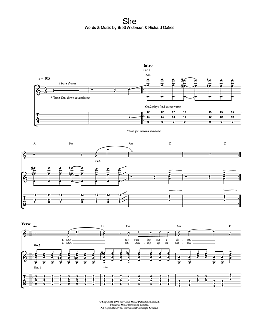 Preview Suede She Rock sheet music, notes and chords for Guitar Tab, SKU: 23225 sheet music, piano notes, chords, guitar tabs, score, transpose, transcribe, how to play, guide, download, learn, tutorial, progression, song, artist, awards, billboard, mtv, vh1, tour, single, album, release