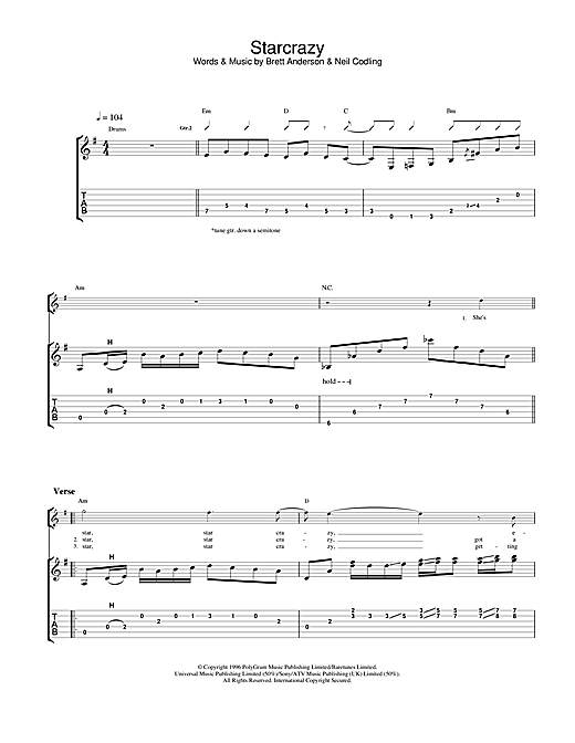 Preview Suede Starcrazy Rock sheet music, notes and chords for Guitar Tab, SKU: 23226 sheet music, piano notes, chords, guitar tabs, score, transpose, transcribe, how to play, guide, download, learn, tutorial, progression, song, artist, awards, billboard, mtv, vh1, tour, single, album, release