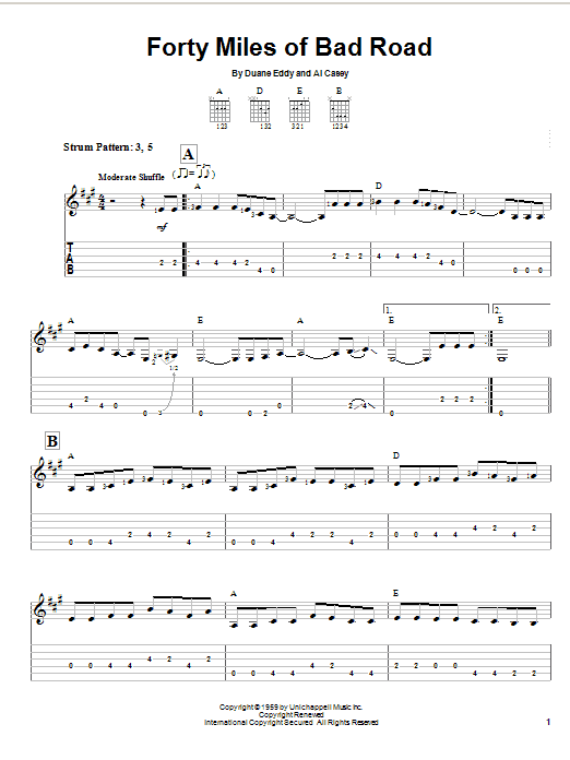 Preview Duane Eddy Forty Miles Of Bad Road Rock sheet music, notes and chords for Easy Guitar Tab, SKU: 23233 sheet music, piano notes, chords, guitar tabs, score, transpose, transcribe, how to play, guide, download, learn, tutorial, progression, song, artist, awards, billboard, mtv, vh1, tour, single, album, release