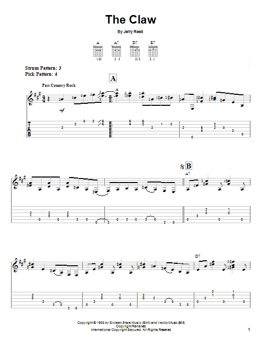 Preview Jerry Reed The Claw Rock sheet music, notes and chords for Easy Guitar Tab, SKU: 23234 sheet music, piano notes, chords, guitar tabs, score, transpose, transcribe, how to play, guide, download, learn, tutorial, progression, song, artist, awards, billboard, mtv, vh1, tour, single, album, release