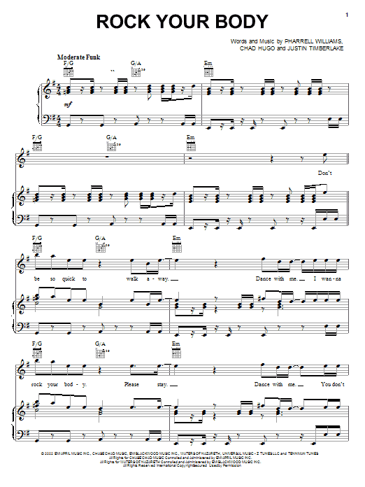 Preview Justin Timberlake Rock Your Body Pop sheet music, notes and chords for Piano, Vocal & Guitar (Right-Hand Melody), SKU: 23247 sheet music, piano notes, chords, guitar tabs, score, transpose, transcribe, how to play, guide, download, learn, tutorial, progression, song, artist, awards, billboard, mtv, vh1, tour, single, album, release