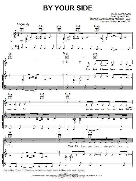 Preview Sade By Your Side Pop sheet music, notes and chords for Piano, Vocal & Guitar (Right-Hand Melody), SKU: 23265 sheet music, piano notes, chords, guitar tabs, score, transpose, transcribe, how to play, guide, download, learn, tutorial, progression, song, artist, awards, billboard, mtv, vh1, tour, single, album, release