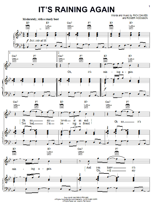Preview Supertramp It's Raining Again Rock sheet music, notes and chords for Piano, Vocal & Guitar (Right-Hand Melody), SKU: 23271 sheet music, piano notes, chords, guitar tabs, score, transpose, transcribe, how to play, guide, download, learn, tutorial, progression, song, artist, awards, billboard, mtv, vh1, tour, single, album, release