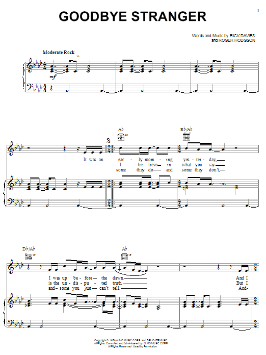 Preview Supertramp Goodbye Stranger Rock sheet music, notes and chords for Piano, Vocal & Guitar (Right-Hand Melody), SKU: 23277 sheet music, piano notes, chords, guitar tabs, score, transpose, transcribe, how to play, guide, download, learn, tutorial, progression, song, artist, awards, billboard, mtv, vh1, tour, single, album, release
