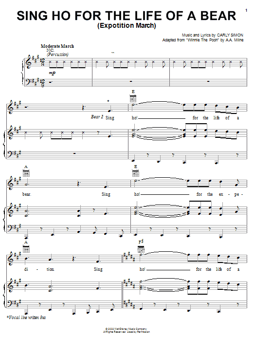 Preview Carly Simon Sing Ho For The Life Of A Bear (Expotition March) (from Piglet's Big Movie) Film and TV sheet music, notes and chords for Piano, Vocal & Guitar (Right-Hand Melody), SKU: 23280 sheet music, piano notes, chords, guitar tabs, score, transpose, transcribe, how to play, guide, download, learn, tutorial, progression, song, artist, awards, billboard, mtv, vh1, tour, single, album, release