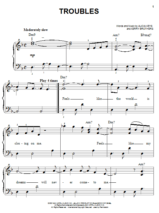 Preview Alicia Keys Troubles Pop sheet music, notes and chords for Easy Piano, SKU: 23292 sheet music, piano notes, chords, guitar tabs, score, transpose, transcribe, how to play, guide, download, learn, tutorial, progression, song, artist, awards, billboard, mtv, vh1, tour, single, album, release