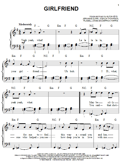 Preview Alicia Keys Girlfriend Pop sheet music, notes and chords for Easy Piano, SKU: 23294 sheet music, piano notes, chords, guitar tabs, score, transpose, transcribe, how to play, guide, download, learn, tutorial, progression, song, artist, awards, billboard, mtv, vh1, tour, single, album, release