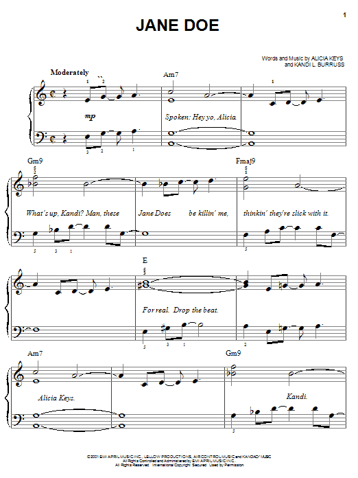Preview Alicia Keys Jane Doe Pop sheet music, notes and chords for Easy Piano, SKU: 23295 sheet music, piano notes, chords, guitar tabs, score, transpose, transcribe, how to play, guide, download, learn, tutorial, progression, song, artist, awards, billboard, mtv, vh1, tour, single, album, release
